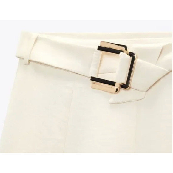 Zara Skirt Womens Medium Ivory Belted A-Line Midi Side Zip High Waist Polyester - Picture 3 of 10